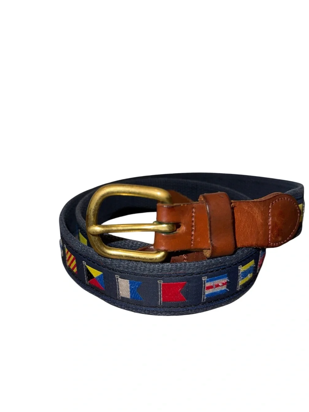 Vintage J Press Men's Navy Flag Leather Woven Belt with Brown Leather Accents 38